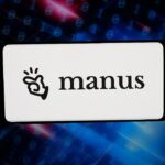In this photo illustration, the logo of artificial intelligence (AI) agent Manus is displayed on a smartphone in front of abstract background on computer screen.