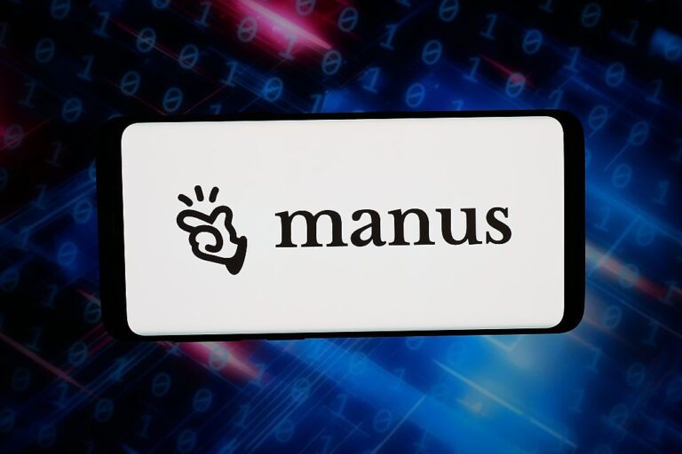 In this photo illustration, the logo of artificial intelligence (AI) agent Manus is displayed on a smartphone in front of abstract background on computer screen.
