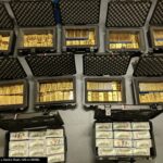 nine suitcases full of gold bars, and two suitcases full of 100-dollar cash bills, as a photo taken from above.