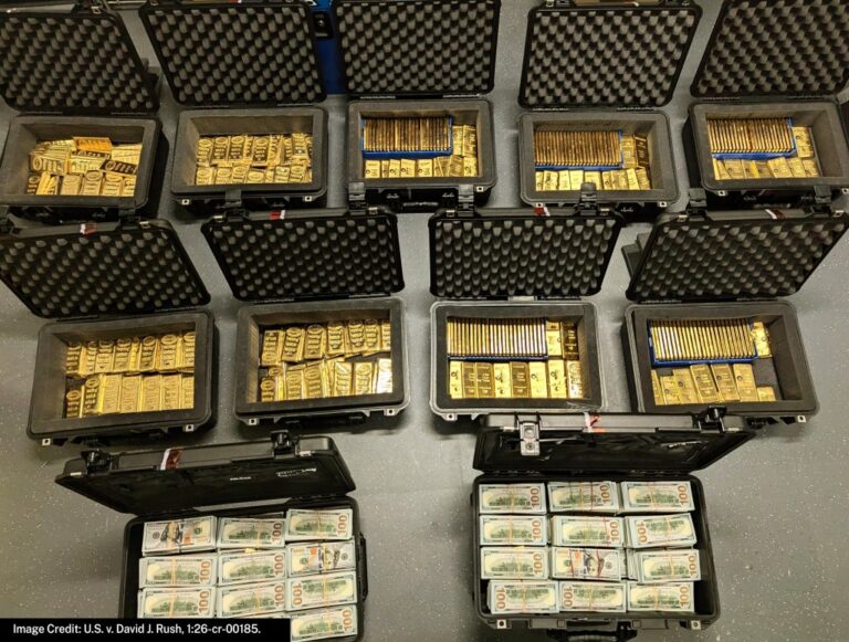 nine suitcases full of gold bars, and two suitcases full of 100-dollar cash bills, as a photo taken from above.