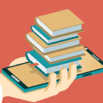 An illustration of a stack of books above a smartphone.